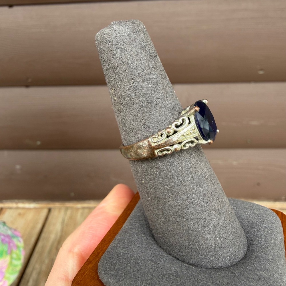 Vintage Filigree Ring Womens‎ Size 7 Silver Tone Blue Oval Stone Statement Ring - Picture 6 of 7